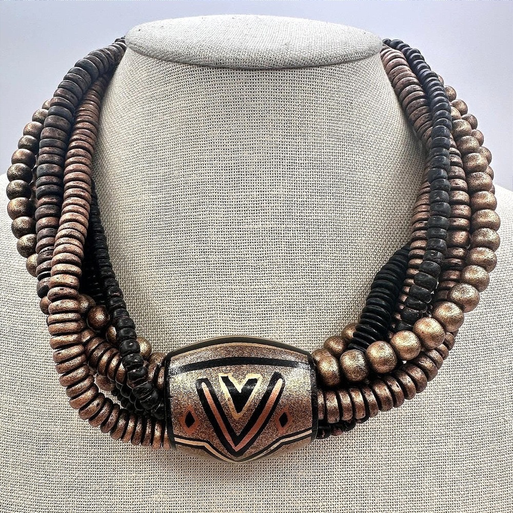 Vintage 80s Silver Tone Multi Strand Chunky Wooden Beaded Necklace Jewelry
